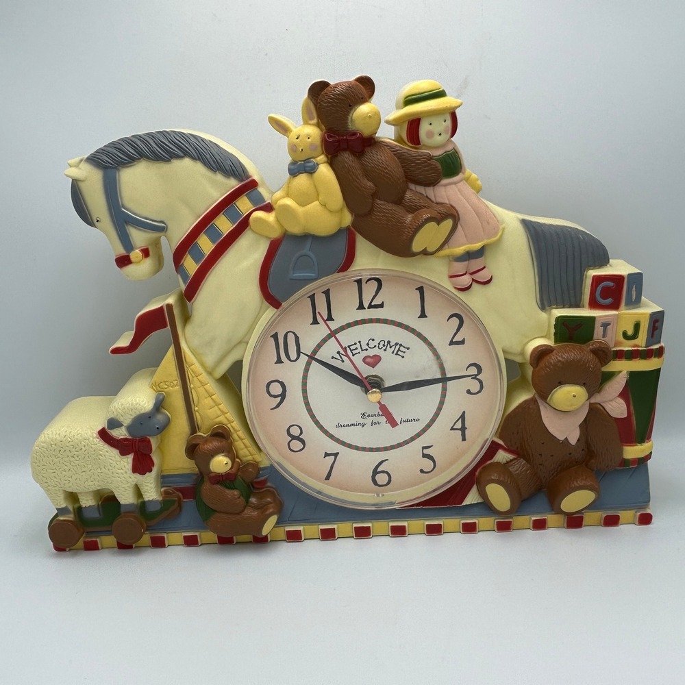 Vintage Wall Clock Welcome Madeline Rocking Horse Bear 90s NostalgicPlastic Mold